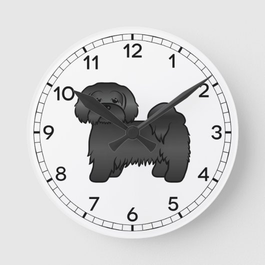 黒いラサ・アプソ かわいい漫画の犬のイラスト ラウンド壁時計 (正面)