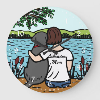 黒いラブラドールおよびお母さん2 ラージ壁時計