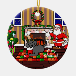 黒いラブラドールおよびサンタのクリスマスの漫画 セラミックオーナメント