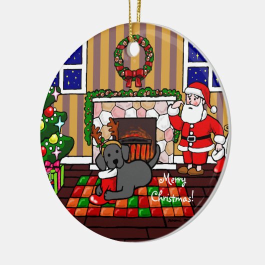 黒いラブラドールおよびサンタのクリスマスの漫画 セラミックオーナメント (左)