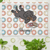 黒いラブラドールおよびドーナツ キッチンタオル (折り畳み)