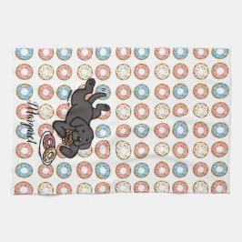 黒いラブラドールおよびドーナツ キッチンタオル