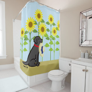 黒いラブラドールおよびヒマワリの夏 シャワーカーテン