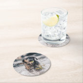 黒いラブラドールが水に入る ラウンドペーパーコースター (インサイチュ)