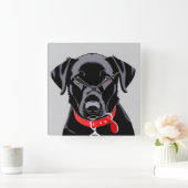 黒いラブラドールと赤い襟 スクエア壁時計 (ホーム)