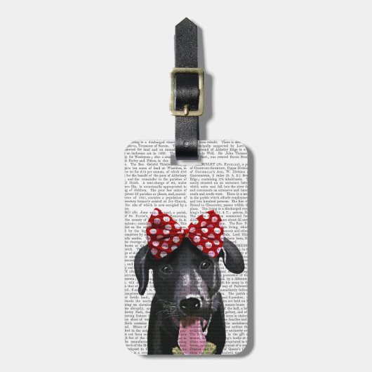 黒いラブラドールと頭に赤い弓 ラゲッジタグ (正面縦)