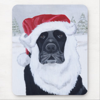 黒いラブラドールのクリスマスのサンタの帽子の絵画 マウスパッド