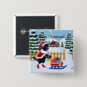 黒いラブラドールのクリスマスサンタ 缶バッジ (正面&裏面)