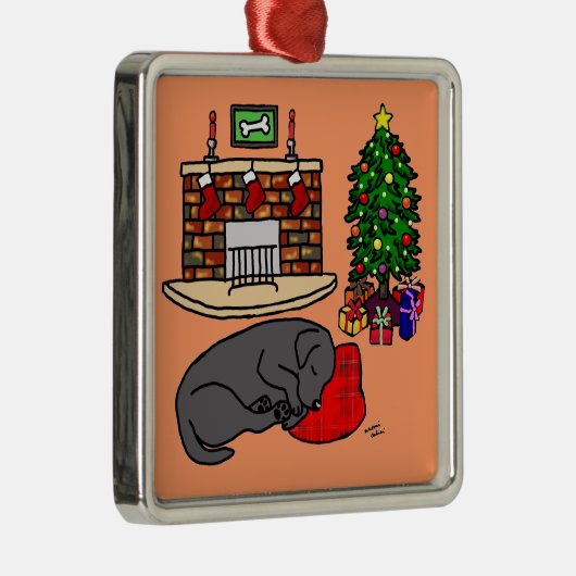 黒いラブラドールのクリスマスツリーのイラストレーション メタルオーナメント (右)