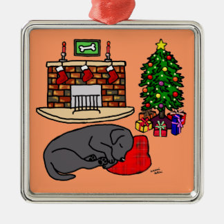 黒いラブラドールのクリスマスツリーのイラストレーション メタルオーナメント