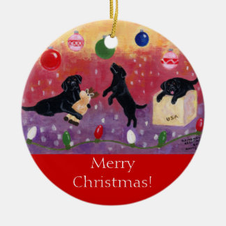 黒いラブラドールのクリスマス セラミックオーナメント