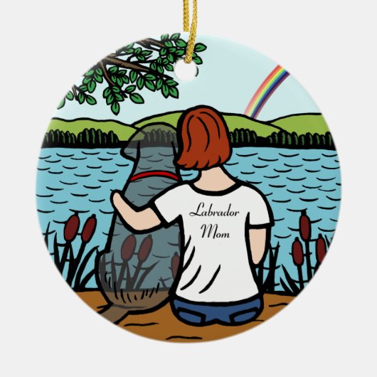 黒いラブラドールの天使およびお母さん2 セラミックオーナメント (正面)