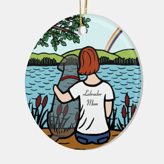 黒いラブラドールの天使およびお母さん2 セラミックオーナメント (左)