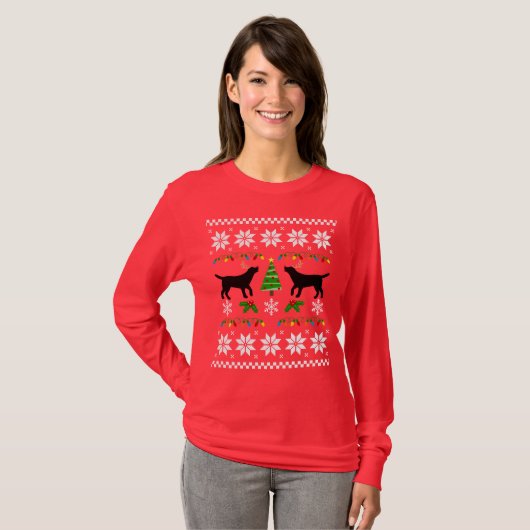 黒いラブラドールの輪郭の醜いクリスマスのTシャツ Tシャツ (正面フル)