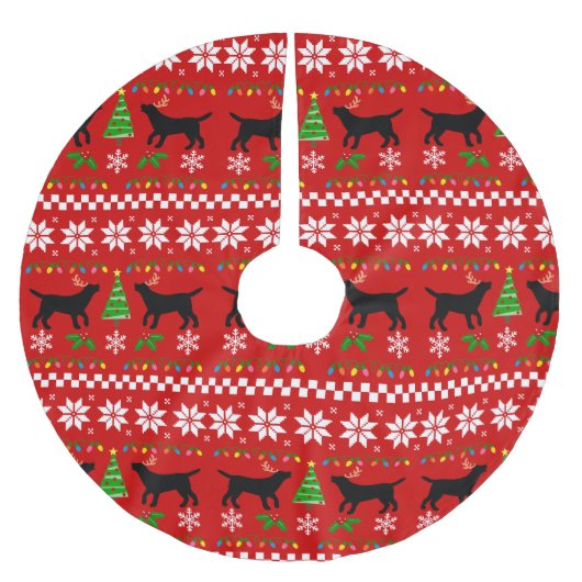 黒いラブラドールの(雄ジカの)枝角の醜いクリスマスパターン ブラッシュドポリエステルツリースカート (正面)