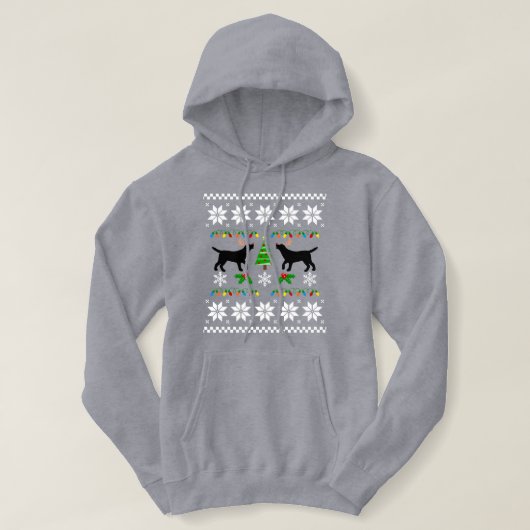 黒いラブラドールアウトライン醜いクリスマスフード付きスウェットシャツ パーカ (デザイン正面)