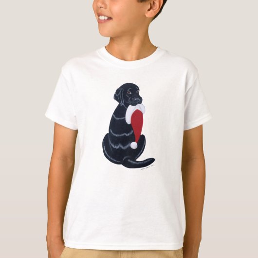 黒いラブラドール及びサンタの帽子の雪片のクリスマス Tシャツ (正面)