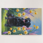 黒いラブラドール犬と春の花の絵 ジグソーパズル (横)