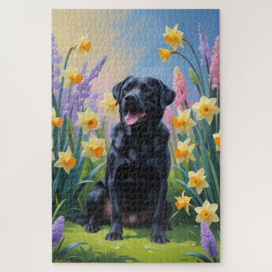 黒いラブラドール犬と春の花の絵 ジグソーパズル (縦)