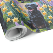 黒いラブラドール犬と春の花の絵 ラッピングペーパー (ロールコーナー)