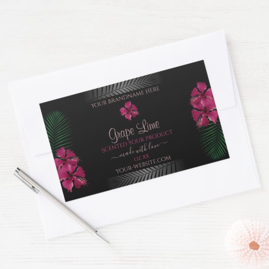 黒いラベル ワインレッド ハワイアン フラワー 長方形シール (封筒)