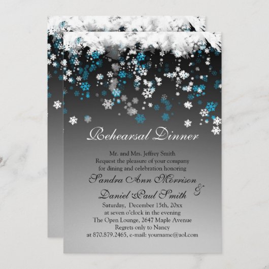 黒いリハーサルの夕食の白く、青の雪片 招待状 (正面/裏面)