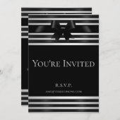 黒いリボンと白いストライプの新年の招待状 招待状 (正面/裏面)