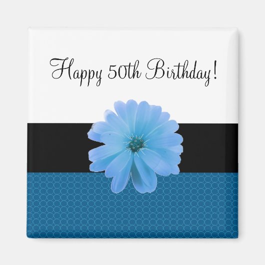 黒いリボンと青い花の50歳の誕生日 マグネット (正面)