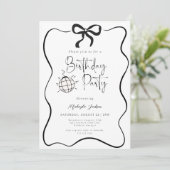 黒いリボンのコケッティー 手描きパーティー誕生日 招待状 (スタンド正面)