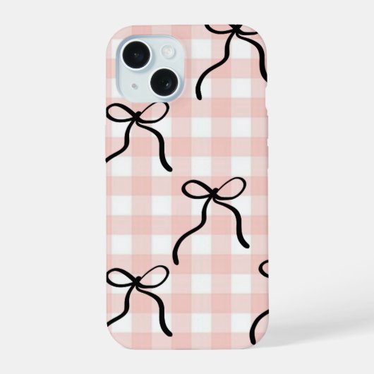 黒いリボンのピンクのスマホケース iPhone 15ケース (裏面)