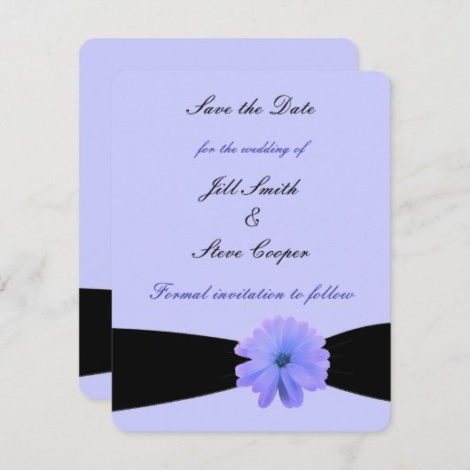 黒いリボン紫の花の日付を保存 セーブザデート (正面/裏面)
