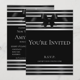 黒いリボン 白いストライプの新年の招待状 招待状