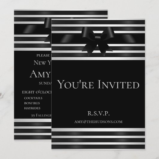 黒いリボン 白いストライプ 新年のお誘い 招待状 (正面/裏面)