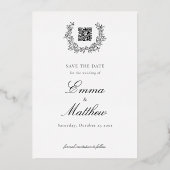 黒いリースエレガント写真とQR日付を保存 箔招待状 (裏面)