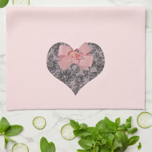 黒いレースおよびバラ キッチンタオル (折り畳み)