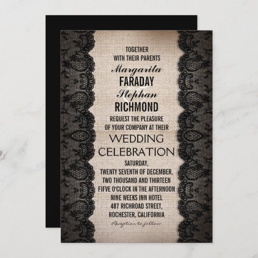 黒いレースおよび素朴なバーラップの結婚式招待状 招待状 (正面/裏面)