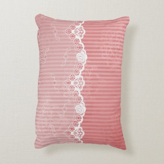 黒いレースが付いているピンクおよび白い背景 アクセントクッション (裏面(縦))