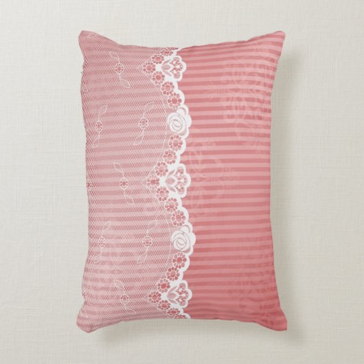 黒いレースが付いているピンクおよび白い背景 アクセントクッション (正面(垂直))