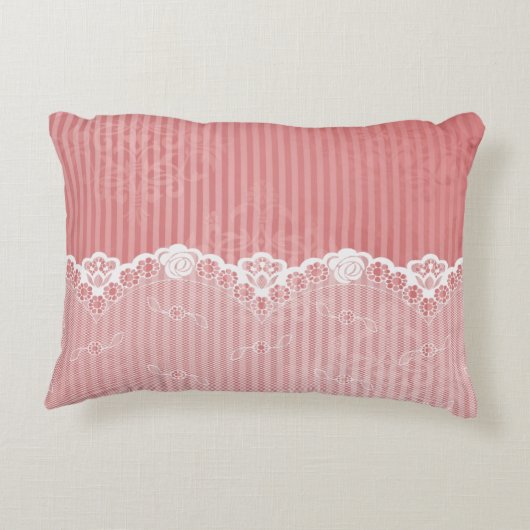 黒いレースが付いているピンクおよび白い背景 アクセントクッション (裏面)