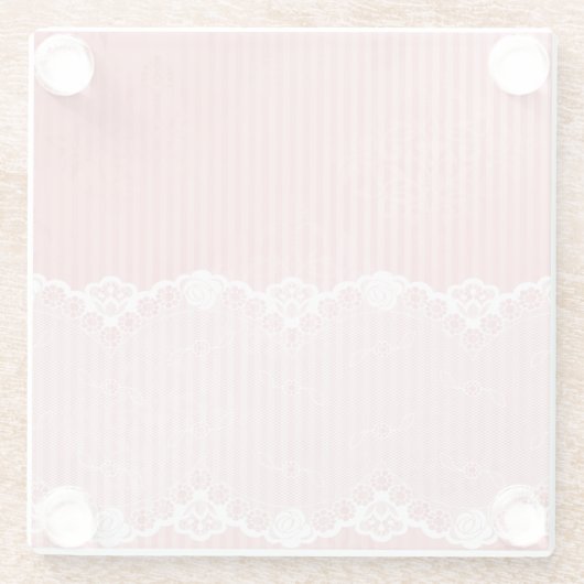 黒いレースが付いているピンクおよび白い背景 ガラスコースター (裏面)
