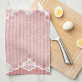 黒いレースが付いているピンクおよび白い背景 キッチンタオル (四つ折り)
