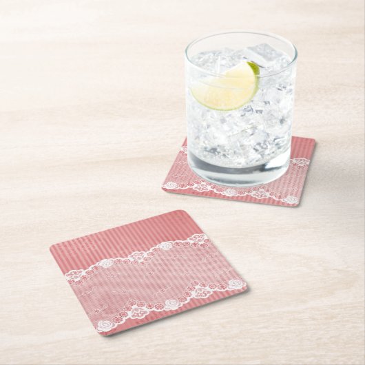 黒いレースが付いているピンクおよび白い背景 スクエアペーパーコースター (インサイチュ)