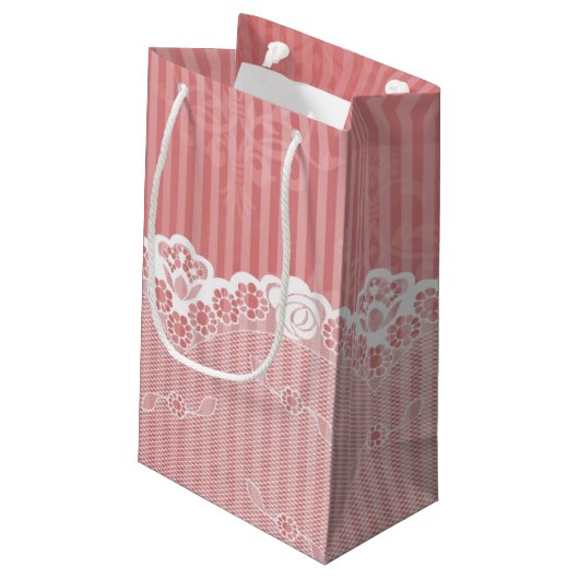 黒いレースが付いているピンクおよび白い背景 スモールペーパーバッグ (裏面アングル)