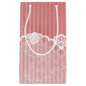 黒いレースが付いているピンクおよび白い背景 スモールペーパーバッグ (正面)
