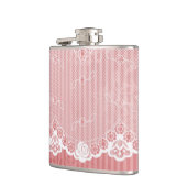 黒いレースが付いているピンクおよび白い背景 フラスク (左)