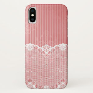 黒いレースが付いているピンクおよび白い背景 iPhone X ケース