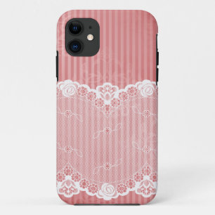 黒いレースが付いているピンクおよび白い背景 iPhone 11 ケース
