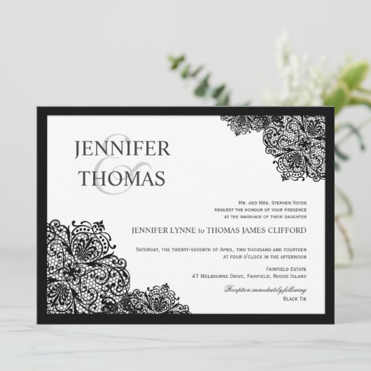 黒いレースのフォーマルで白い結婚式招待状 招待状 (スタンド正面)