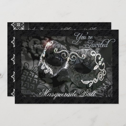 黒いレースのマスクによって宝石で飾られる仮面舞踏会の招待状 招待状 (正面/裏面)