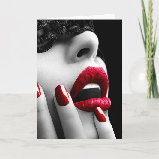 黒いレースのマスクを持つ美しい女性 カード (正面)